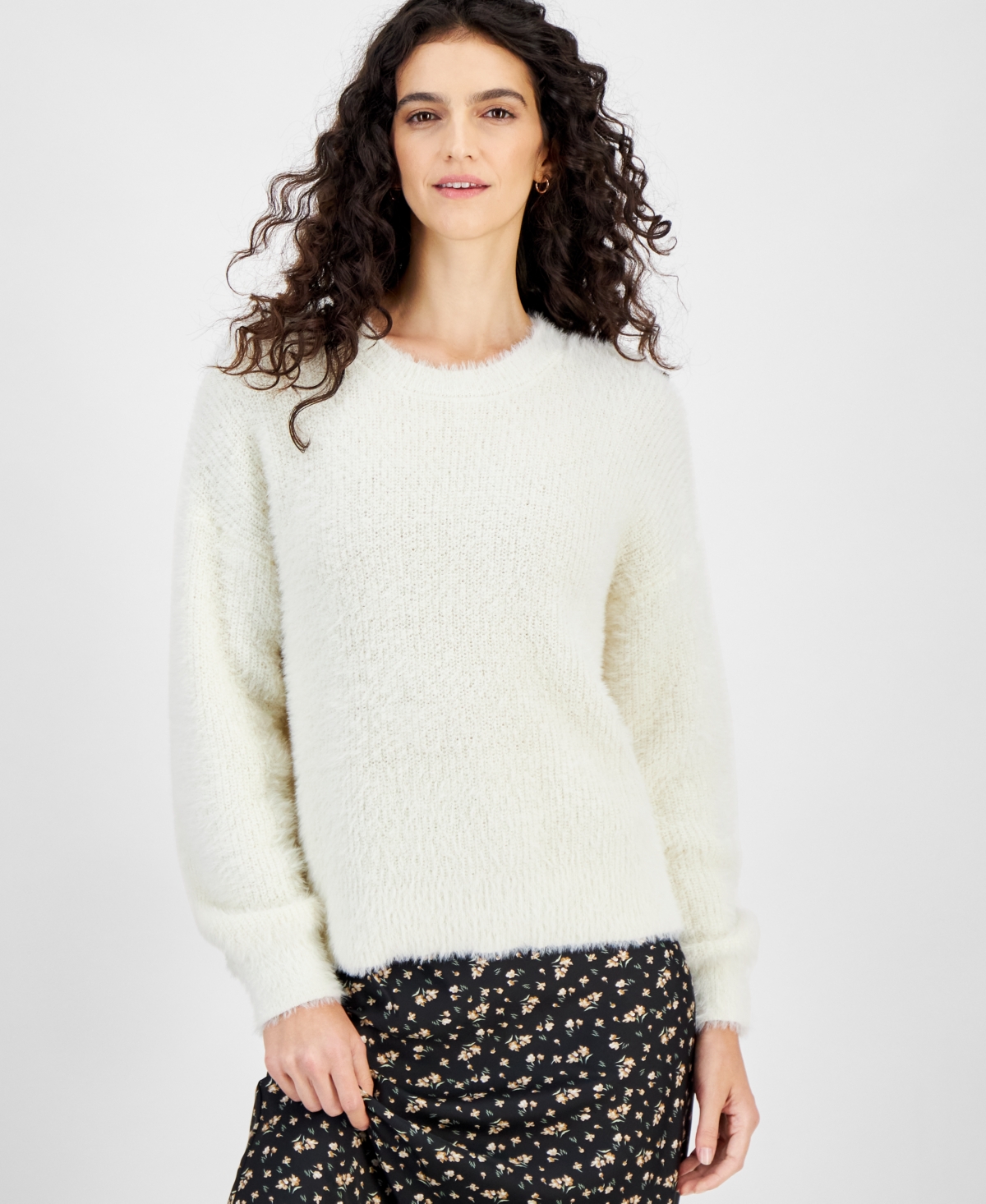 And Now This Women's Crewneck Eyelash Sweater, Created For Macy's In Egret