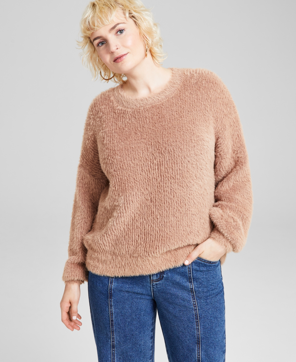 And Now This Women's Crewneck Eyelash Sweater, Created For Macy's In Almond
