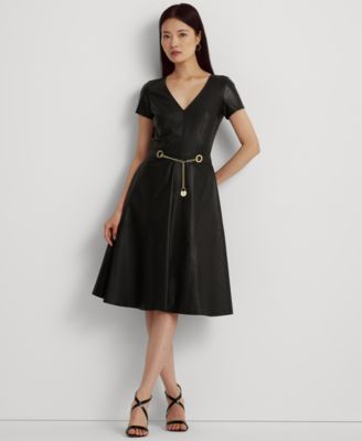 Lauren Ralph Lauren - Women's Belted Stretch Lambskin Dress