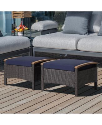 Set of 2 Patio Rattan Ottoman Footrest Cushions Wooden Handle