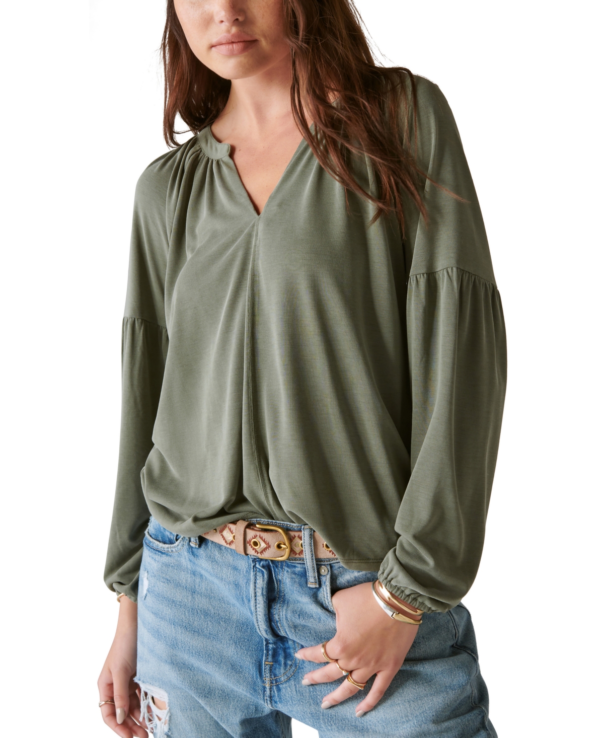 Lucky Brand Women's Long-sleeve Notched-neck Top In Dusty Olive