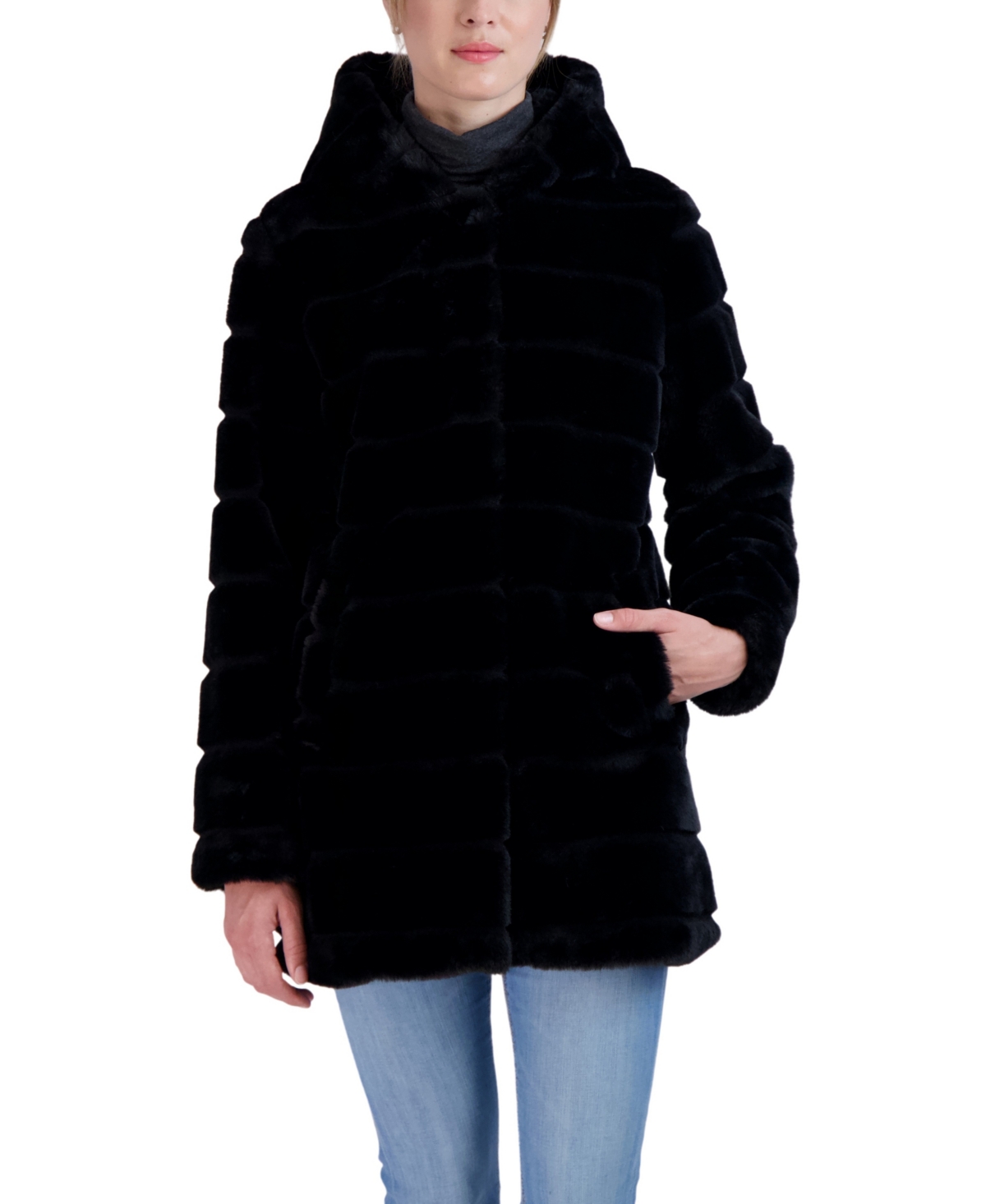 Women's Hooded Grooved Faux Fur Coat - Black