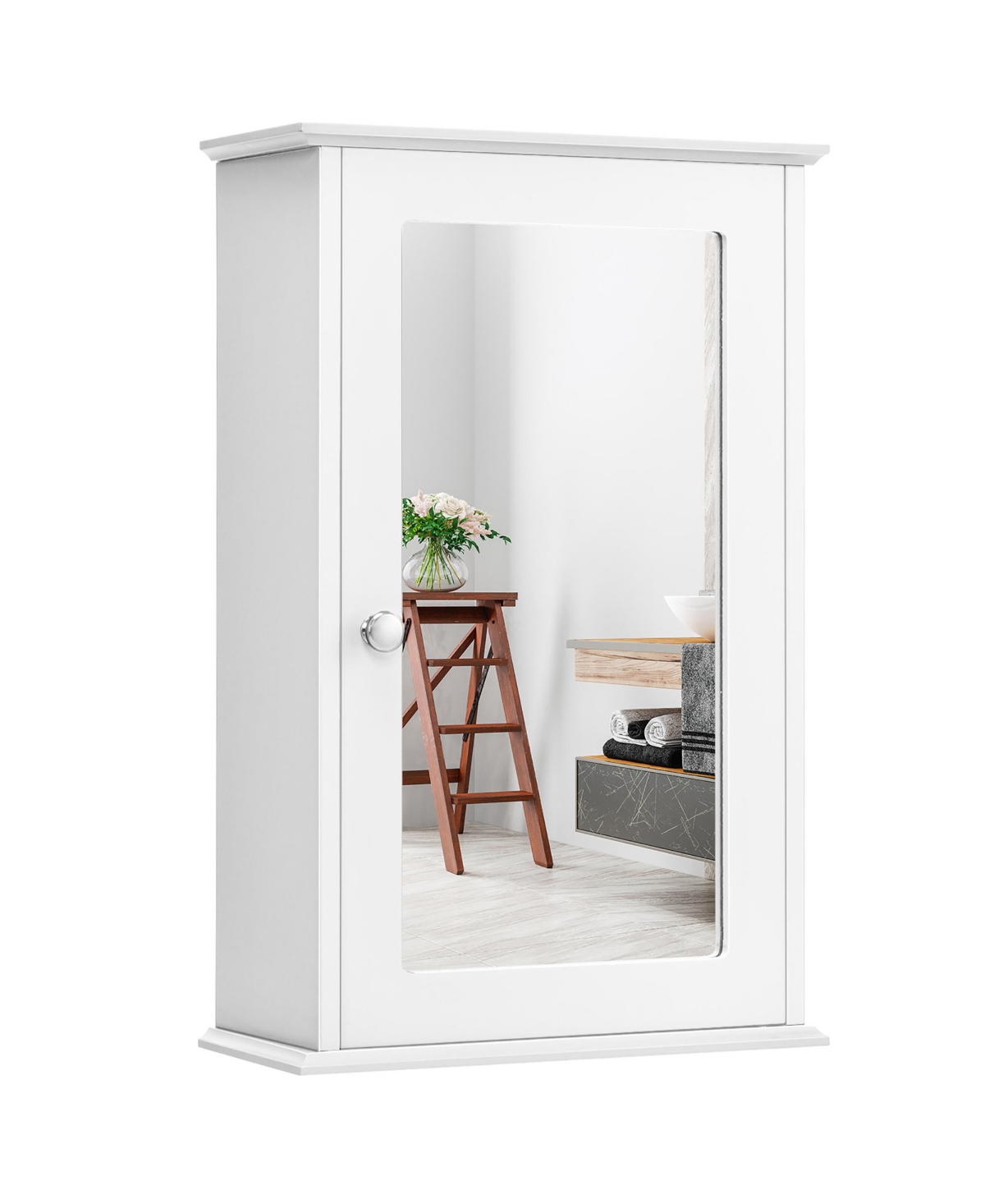 Bathroom Wall Medicine Cabinet Single Mirror Door Cupboard Storage Wood Shelf - White
