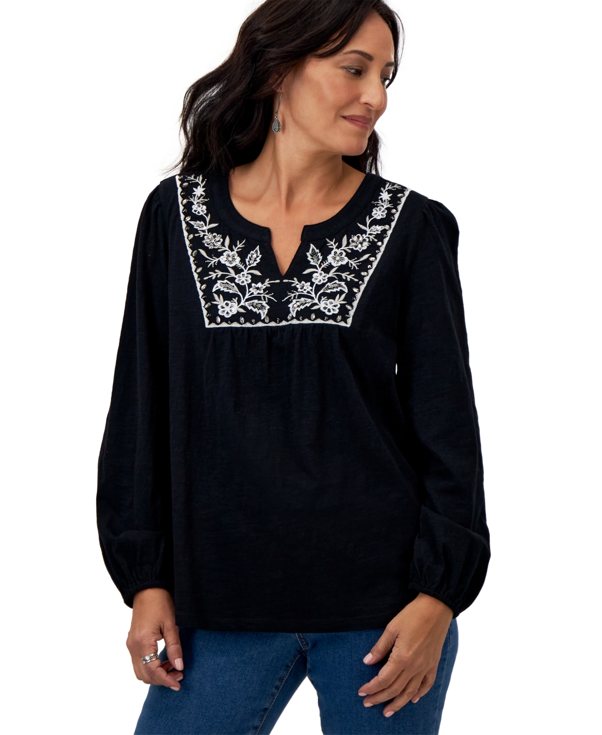 Petite Embroidered Shimmer-Knit Cotton Top, Created for Macy's - Dance Deep Black