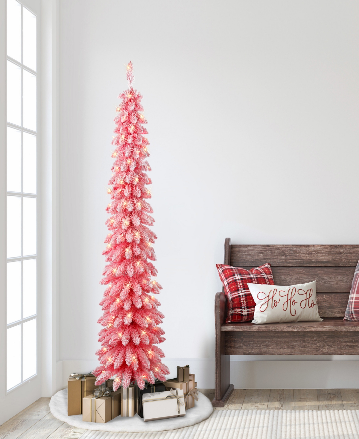 Puleo 6' Pre-lit Flocked Artificial Alpine Pencil Tree In Pink