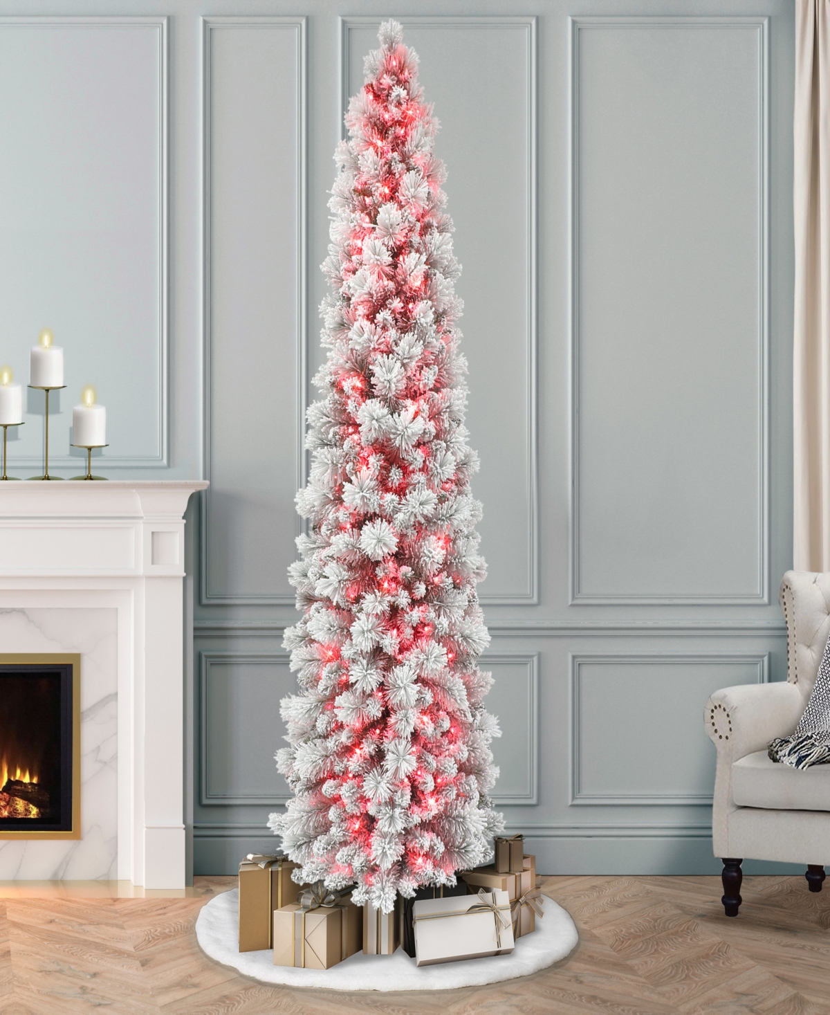 Puleo 7.5ft Pre-lit Flocked Patagonia Pine Artificial Pencil Tree In Green