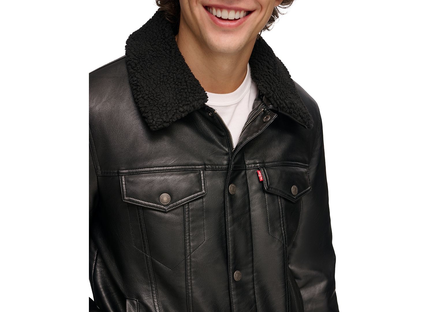 Men's Sherpa-Trim Faux-Leather Trucker Jacket
