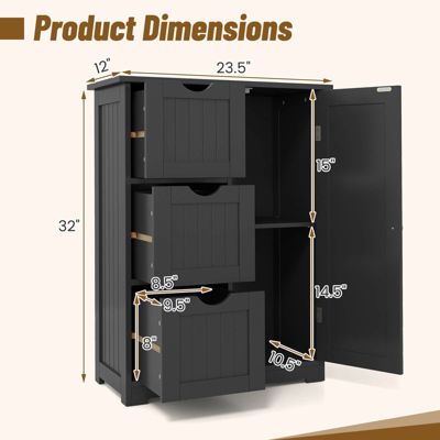  24''(L) x 12''(W) x 32''(H) Bathroom Floor Cabinet Side Storage Cabinet with 3 Drawers and 1 Cupboard
