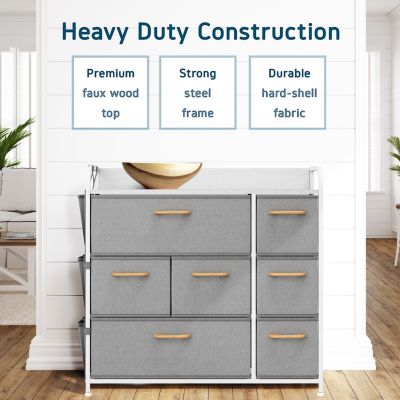 Heavy Duty 7 Drawer Fabric Dresser Organizer for Bedroom, Nursery, & Closet with Shoe Rack, Easy to Pull Wood Handles & Textured Wood Top