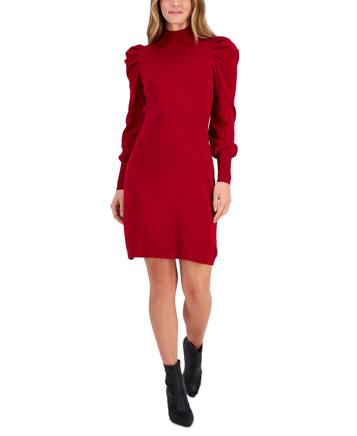 Women's Puff-Sleeve Mini Sweater Dress - Eastern Ruby