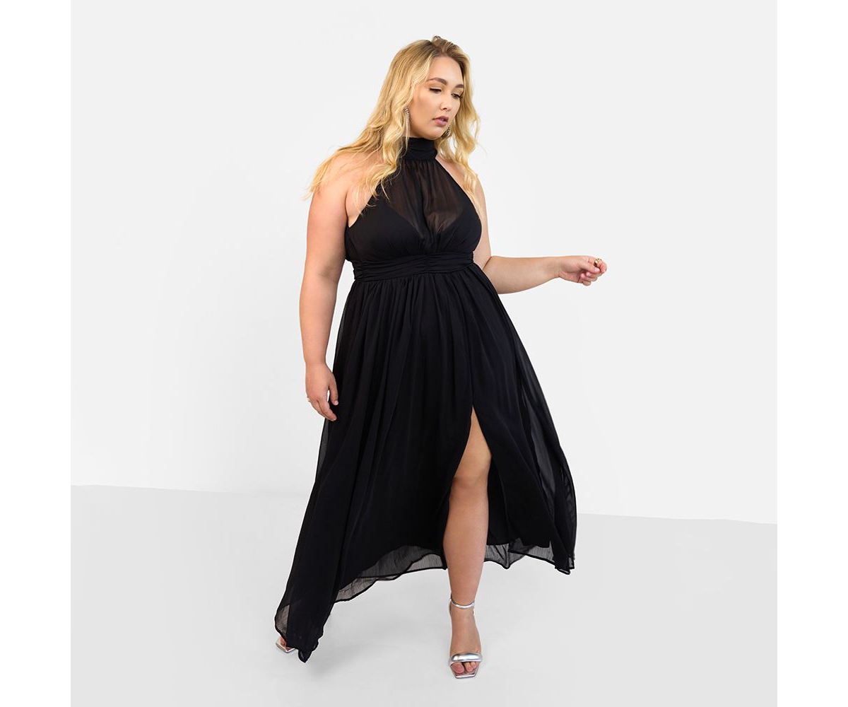 Women's Plus Size Elise Chiffon Halter Maxi A Line Dress W. Slit - Black