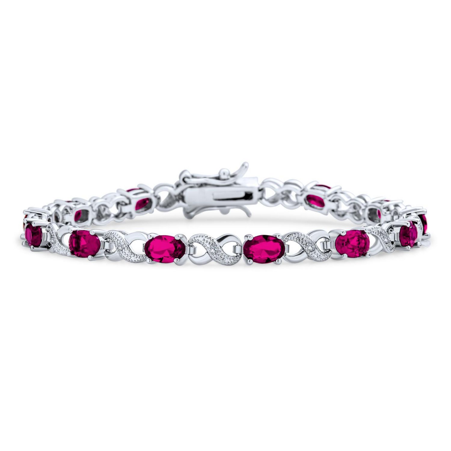 Birthstone Dark Pink Color CZ Oval Infinity Tennis Bracelet Silver Plated