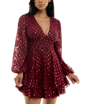 B Darlin - Juniors' Foiled V-Neck Tie-Waist Double-Tiered Dress