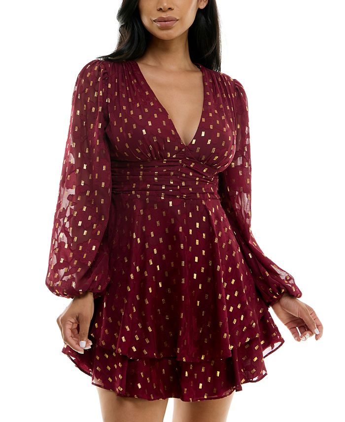 B Darlin Juniors' Foiled V-Neck Tie-Waist Double-Tiered Dress - Macy's