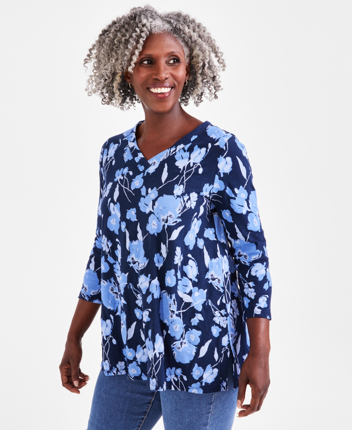 Shop Style & Co Petite Tonal Floral 3/4-sleeve V-neck Tunic, Created For Macy's In Industrial Blue