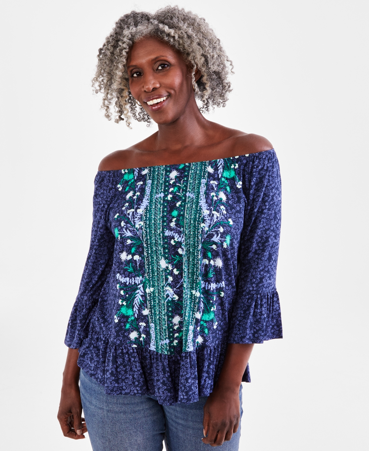 Style & Co Women's Printed On Off Knit Top, Created For Macy's In Runway Blue