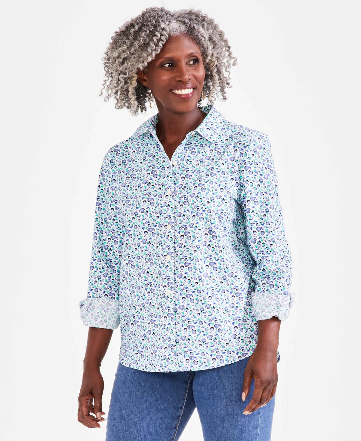 Style & Co Women's Perfect Printed Cotton Button-up Shirt, Created For Macy's In Floral Green
