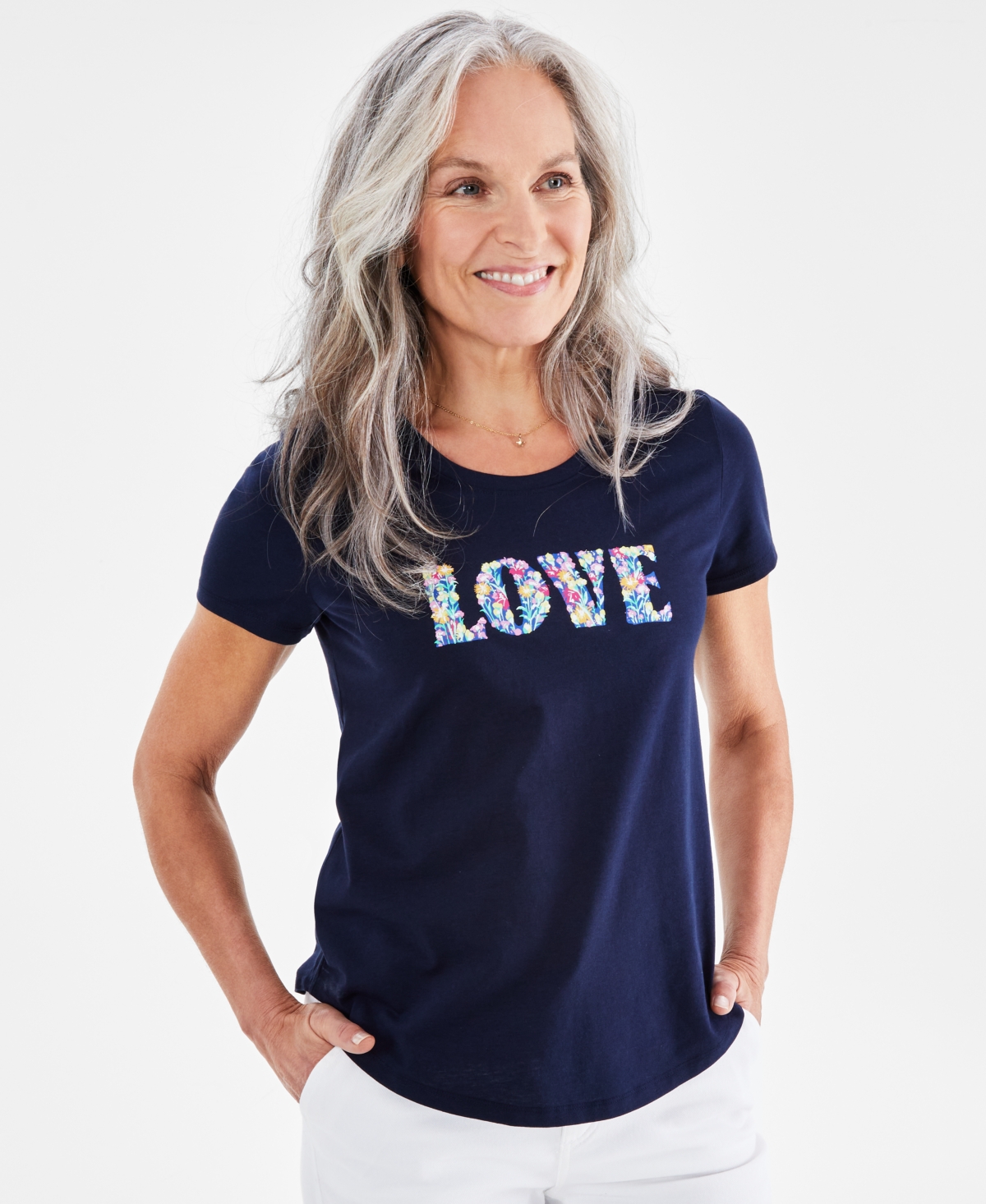 Style & Co Women's Graphic Short-sleeve T-shirt, Created For Macy's In Love Navy Blue