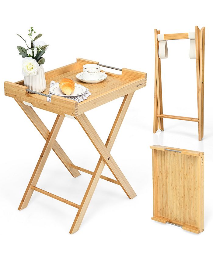 Costway Bamboo Lipped Snack Side Table Multi Functional Folding TV