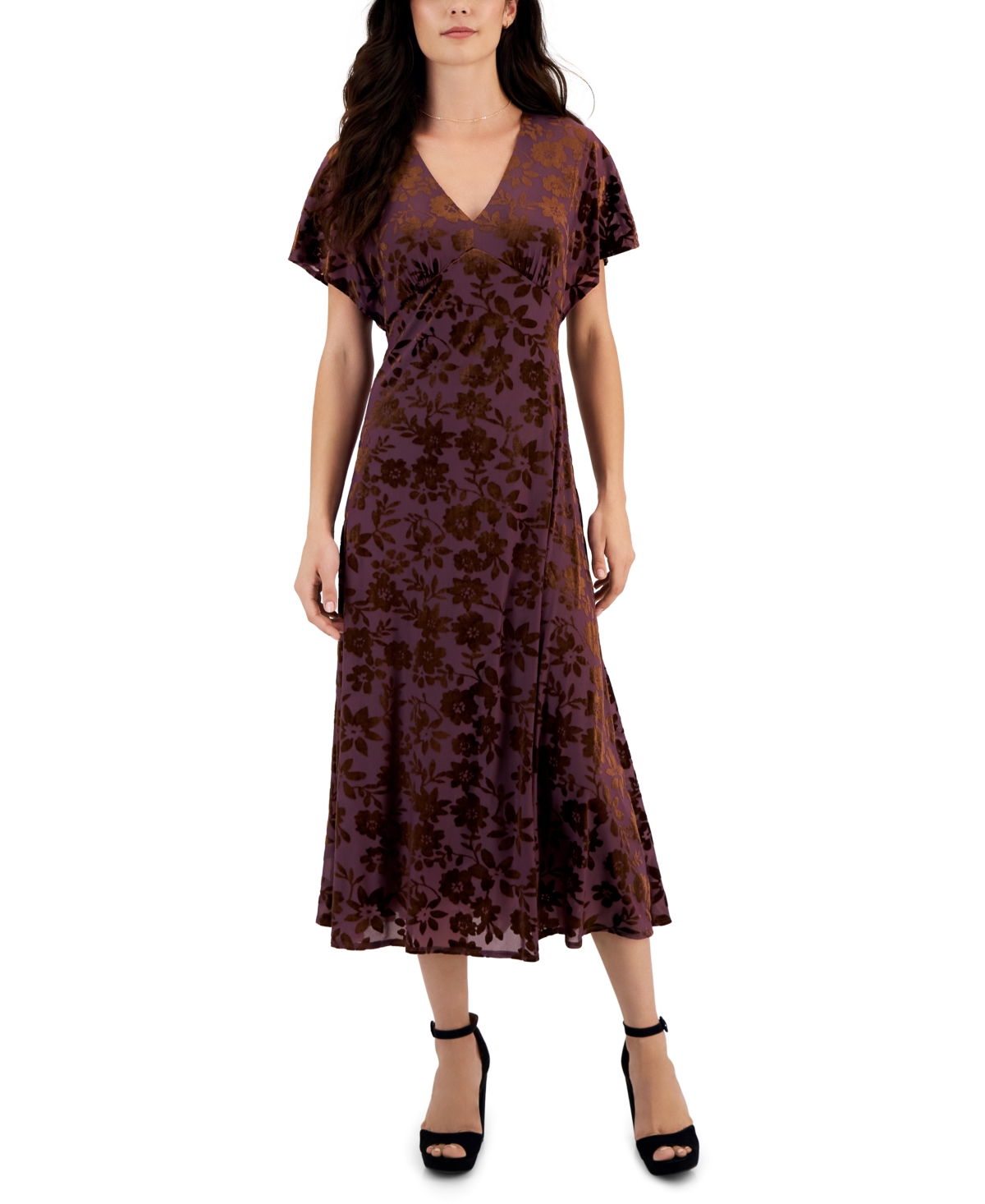 Taylor Women's V-neck Short-sleeve Burnout Velvet Midi Dress In  Kalamata/cocoa | ModeSens