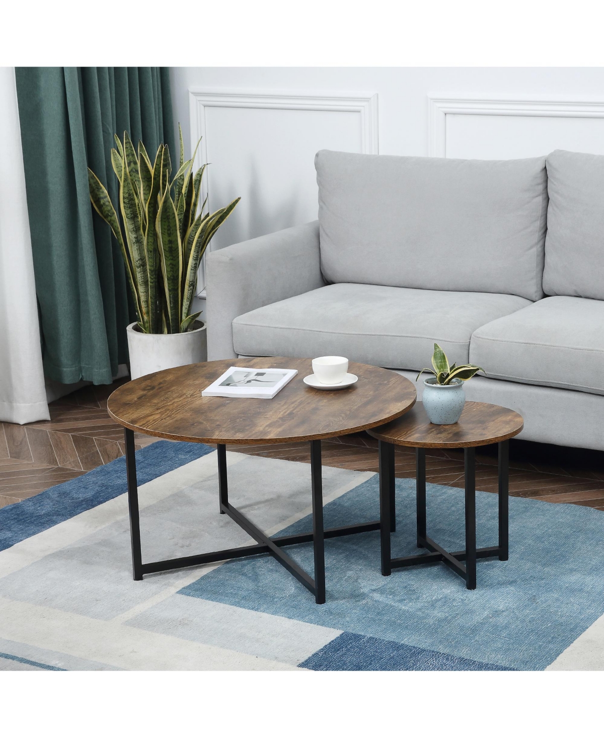 Homcom Round Coffee Table, Nesting Set of 2 with Metal Frame, Industrial Side End Table for Living Room Bedroom, Rustic- Brown