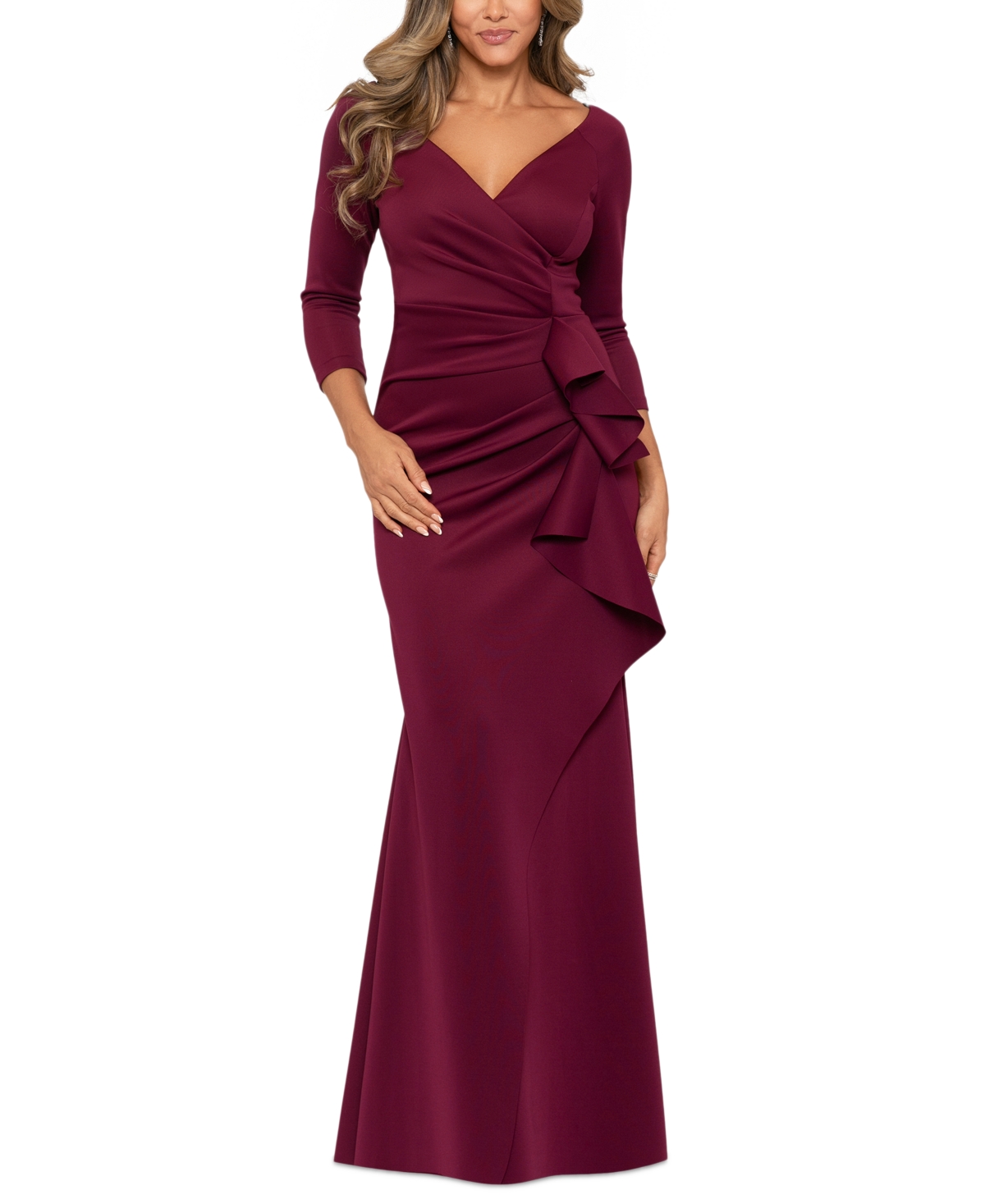 Xscape Pleated Ruffled Gown In Wine