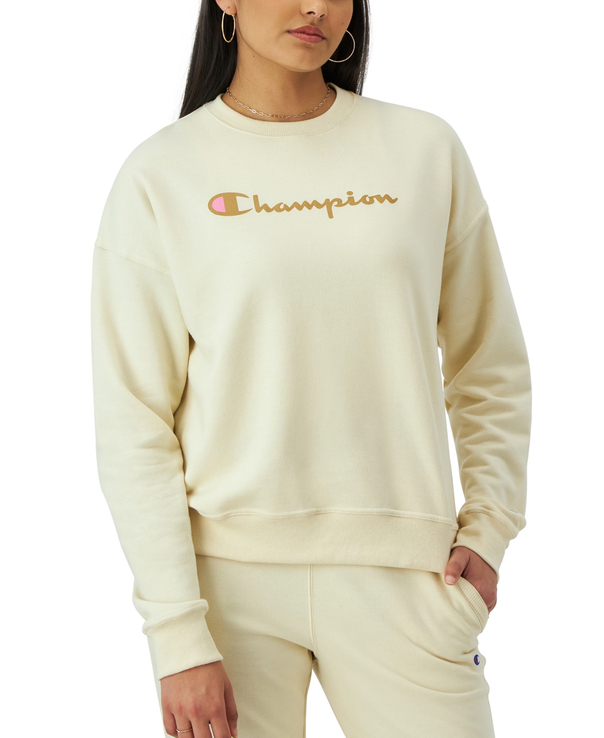 Champion Women's Logo Fleece Crewneck Sweatshirt In Fresh Skin Tan