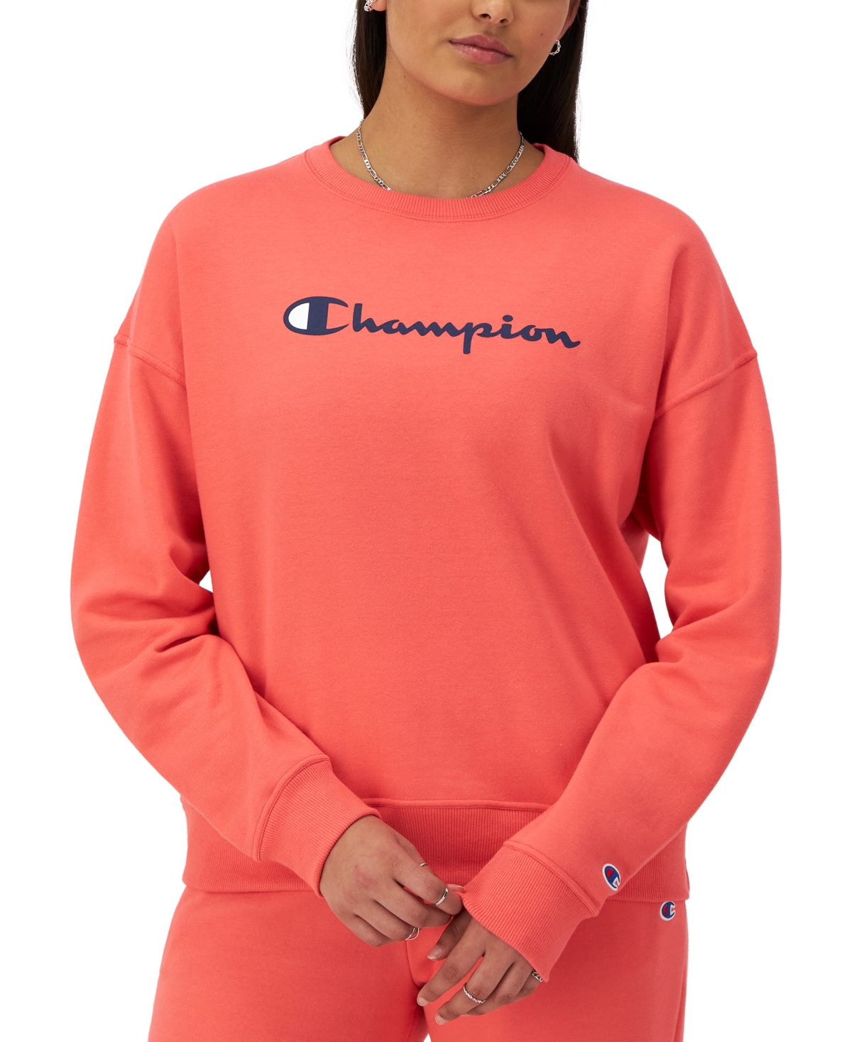 Champion Women s Logo Fleece Crewneck Sweatshirt In High Tide Coral ModeSens