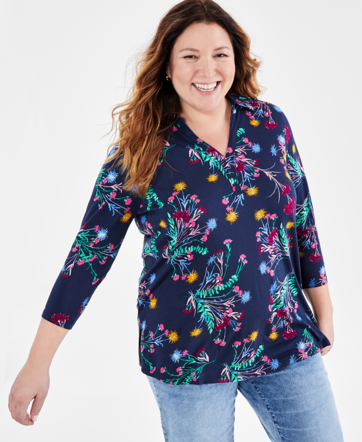 Style & Co Plus Size Lola Floral-print Johnny-collar Tunic, Created For Macy's In Lola Industrial Blue