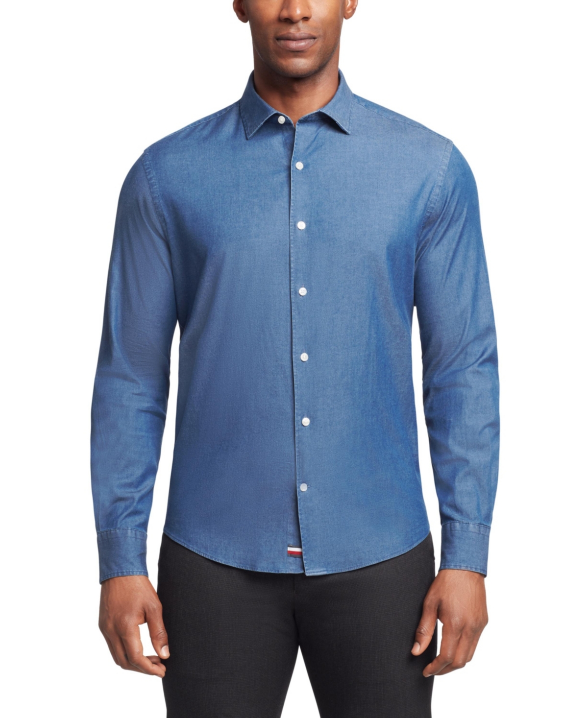Tommy Hilfiger Men's Flex Regular Fit Washed Stretch Untucked Length Dress Shirt In Zen Blue