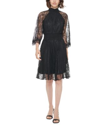 Calvin Klein Women s High Neck Smocked Waist Lace Dress Macy s