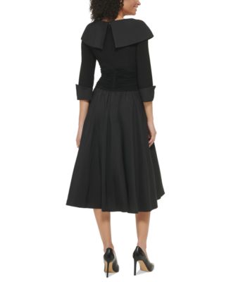 jessica howard portrait-collar a-line dress Jessica Howard Plus Size Jersey Taffeta 3/4 Sleeve Portrait Collar Ruched  A-Line Midi Dress