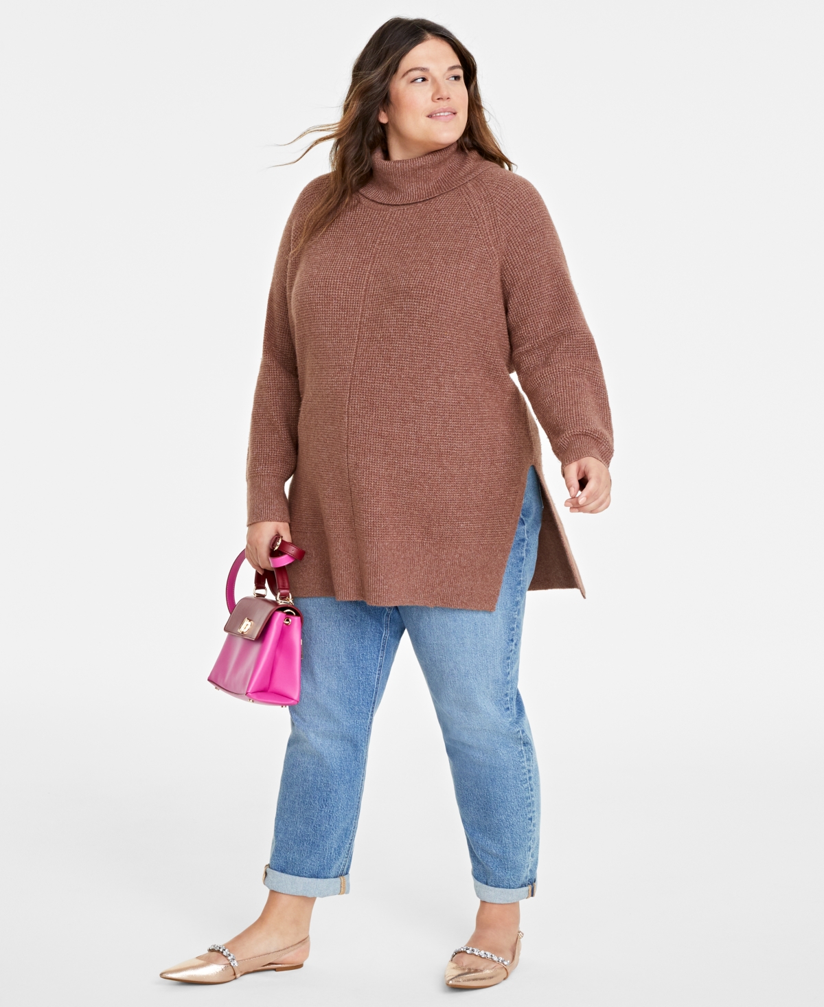 Shop On 34th Plus Size Turtleneck Waffle-knit Tunic Sweater, Created For Macy's In Myristica