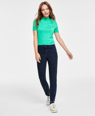 Calvin Klein Jeans Est.1978 Womens Embroidered Mock Neck Cropped Top High Rise Slim Leg Denim Jeans In Island Green
