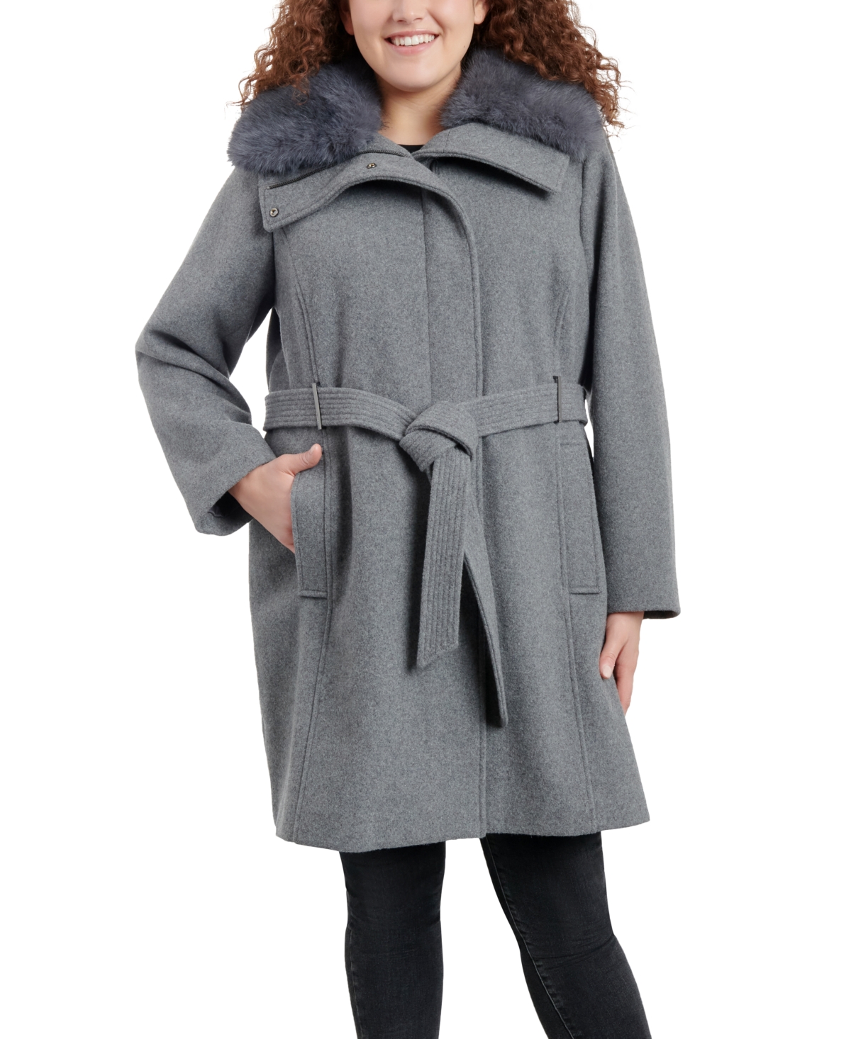 Michael Kors Michael  Women's Plus Size Belted Faux-fur-collar Coat In Medium Grey