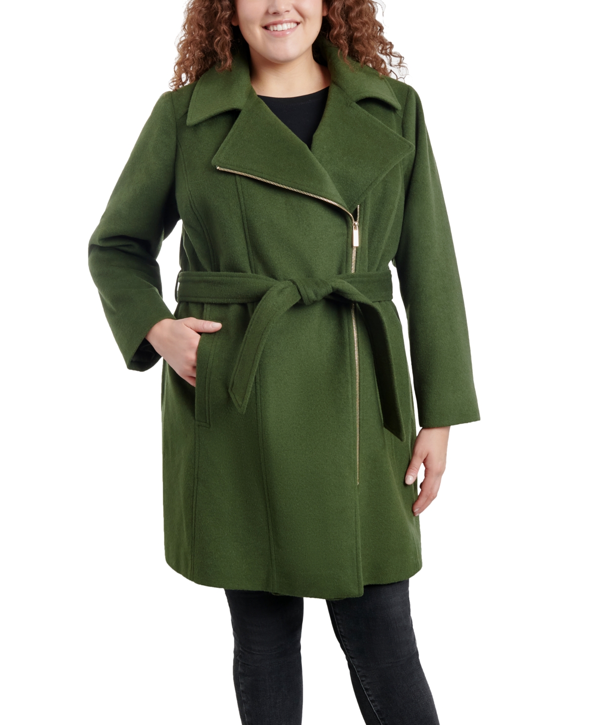 Michael Kors Michael  Women's Plus Size Asymmetric Belted Wrap Coat In Jade