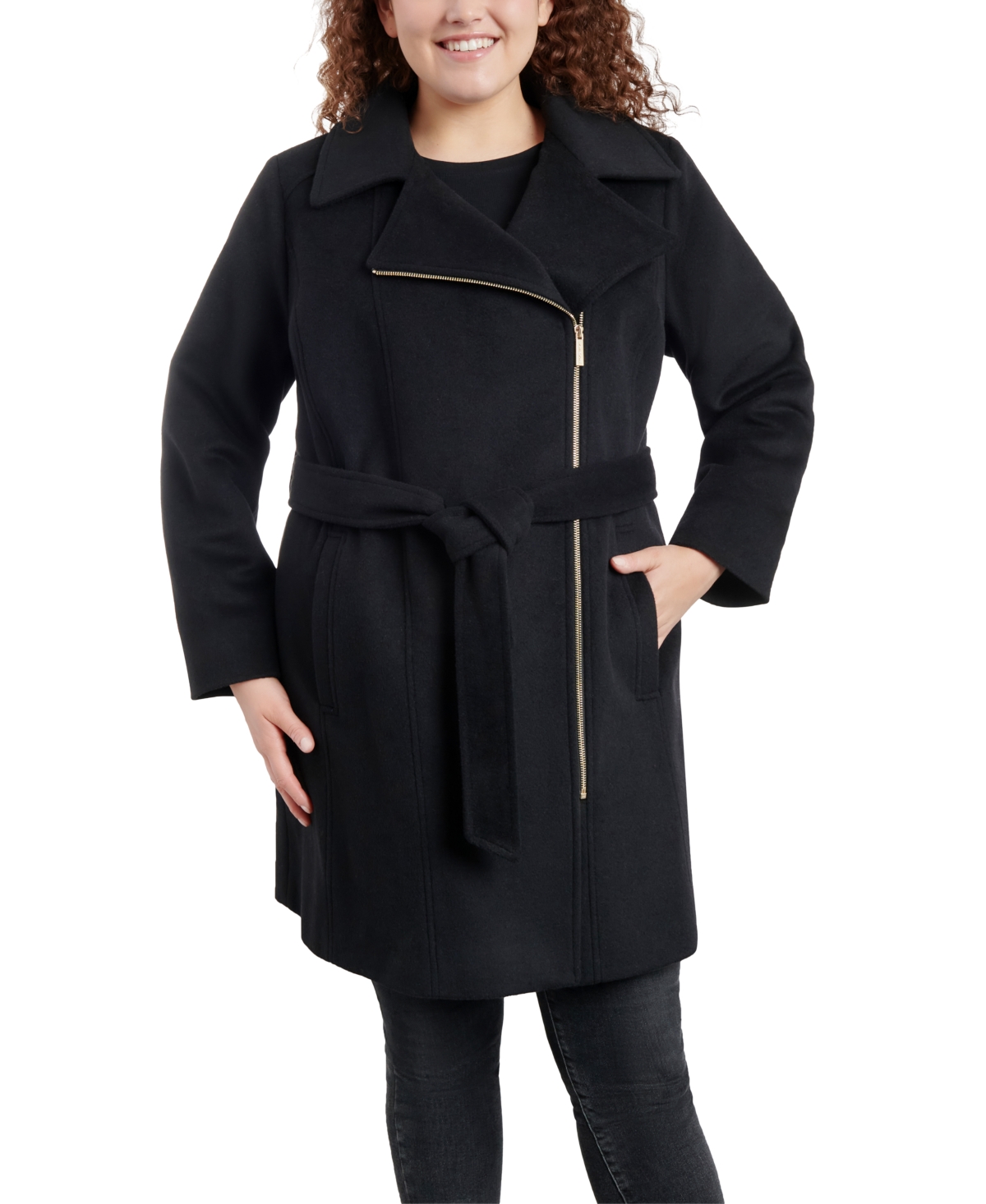Michael Kors Michael  Women's Plus Size Asymmetric Belted Wrap Coat In Black