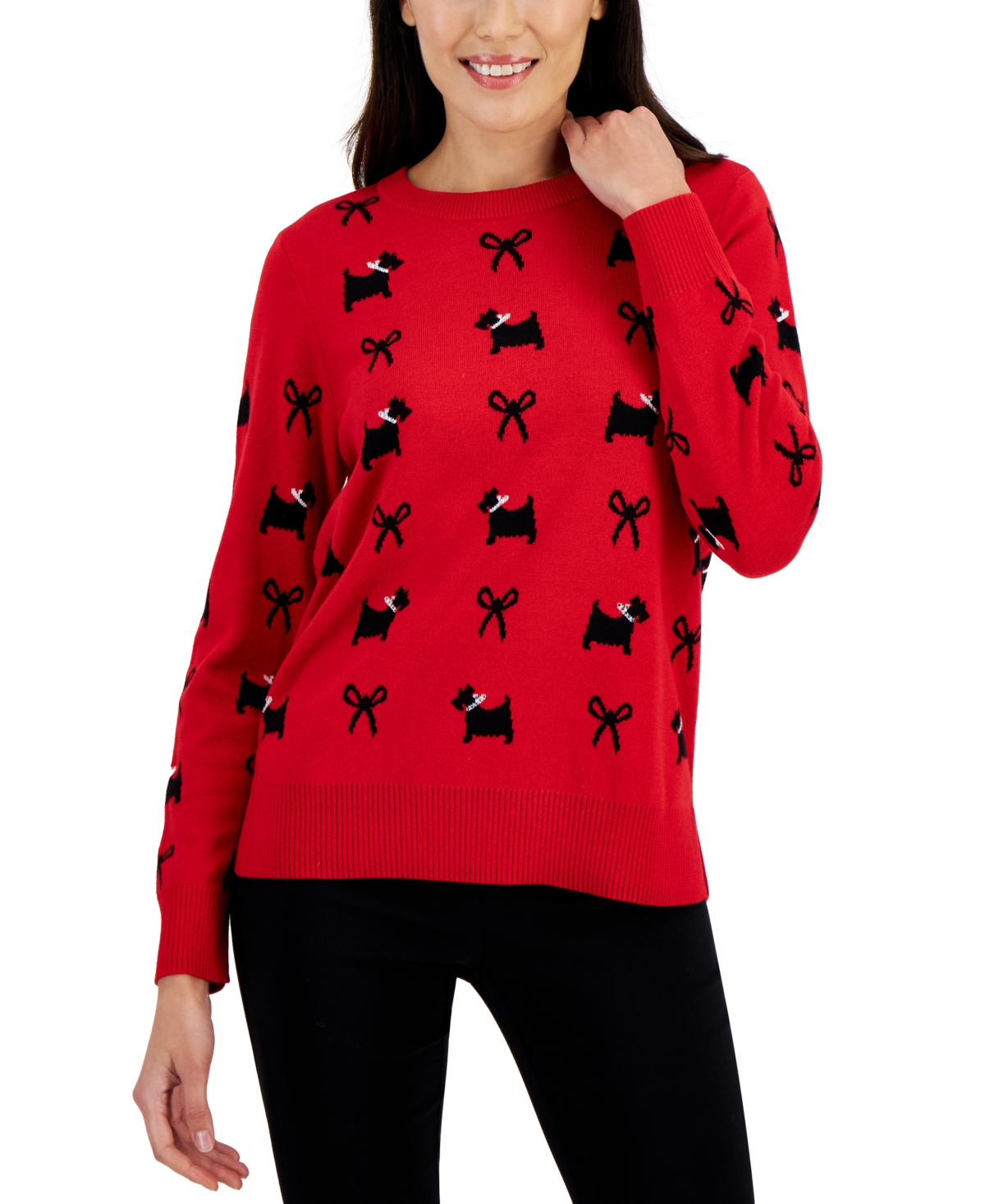 Karen Scott Petite Scotty & Bows Patterned Sweater, Created For Macy's In Ravishing Red