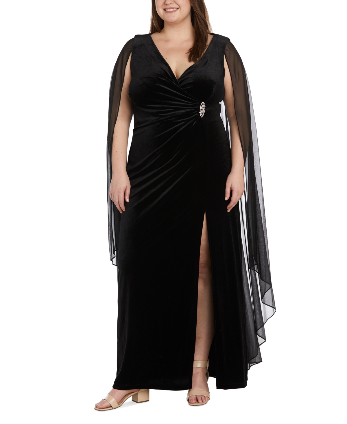 R & M Richards Plus Size Draped-shoulder Side-ruched Gown In Black