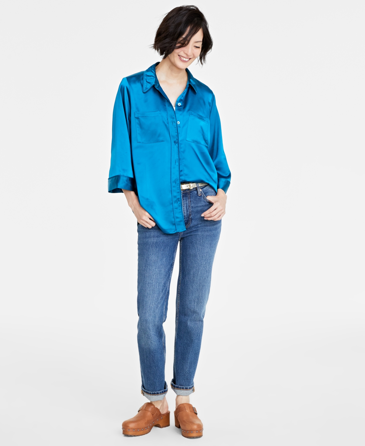 Women's Satin Pajama Top, Created for Macy's - Blue Jade