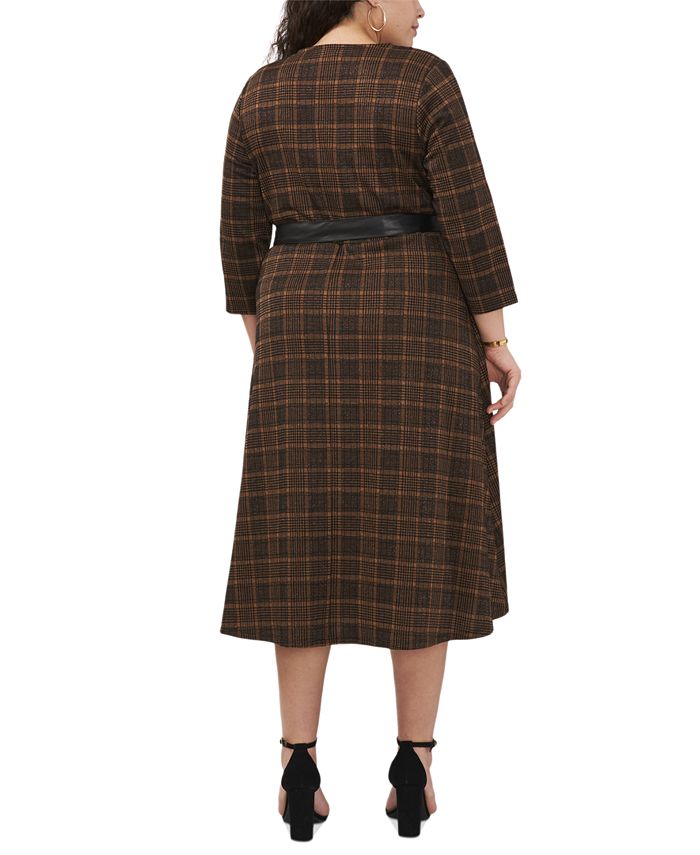 MSK Plus Size Plaid-Print 3/4-Sleeve Tie-Belt Midi Dress - Macy's