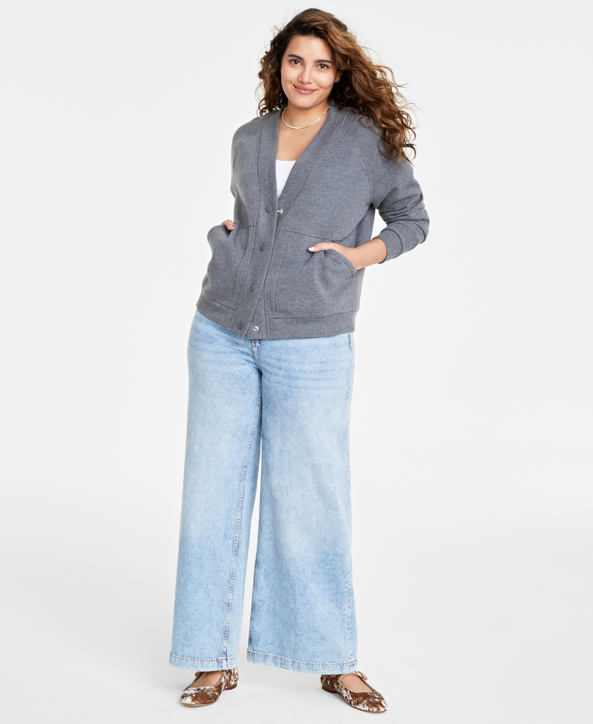 On 34th Women's Fleece Snap-front Cardigan, Created For Macy's In Med Grey Heather