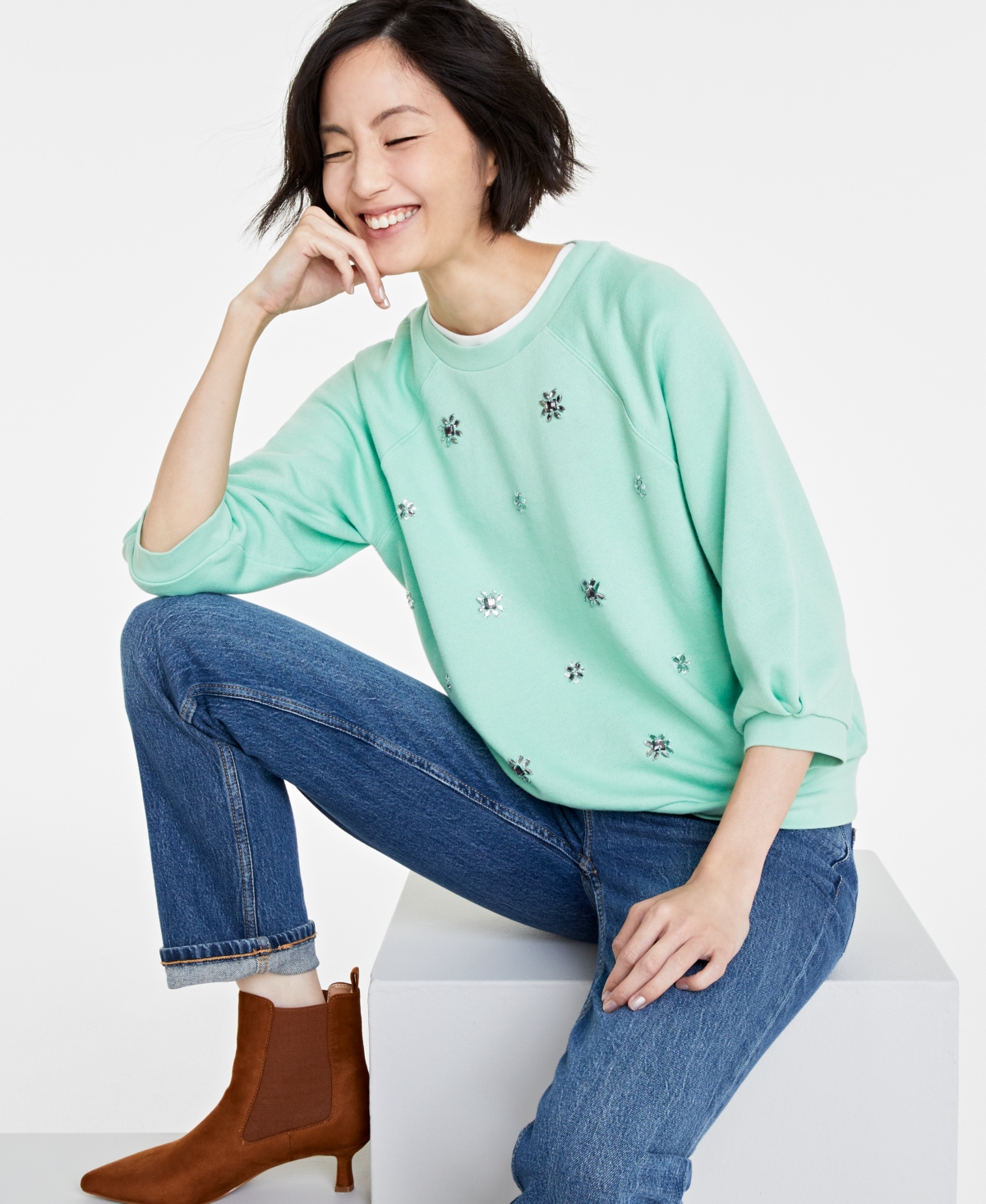 On 34th Women's Embellished Elbow-sleeve Sweatshirt, Created For Macy's In Mariposa