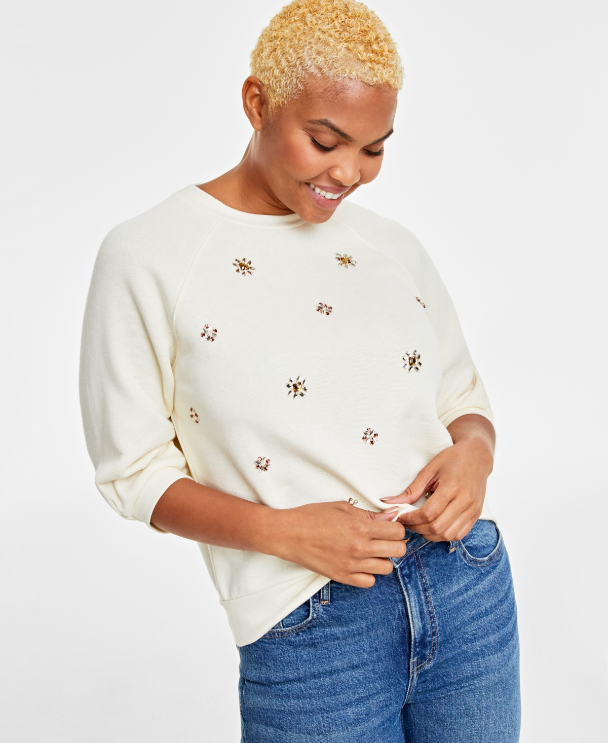 On 34th Women's Embellished Elbow-sleeve Sweatshirt, Created For Macy's In Alabaster