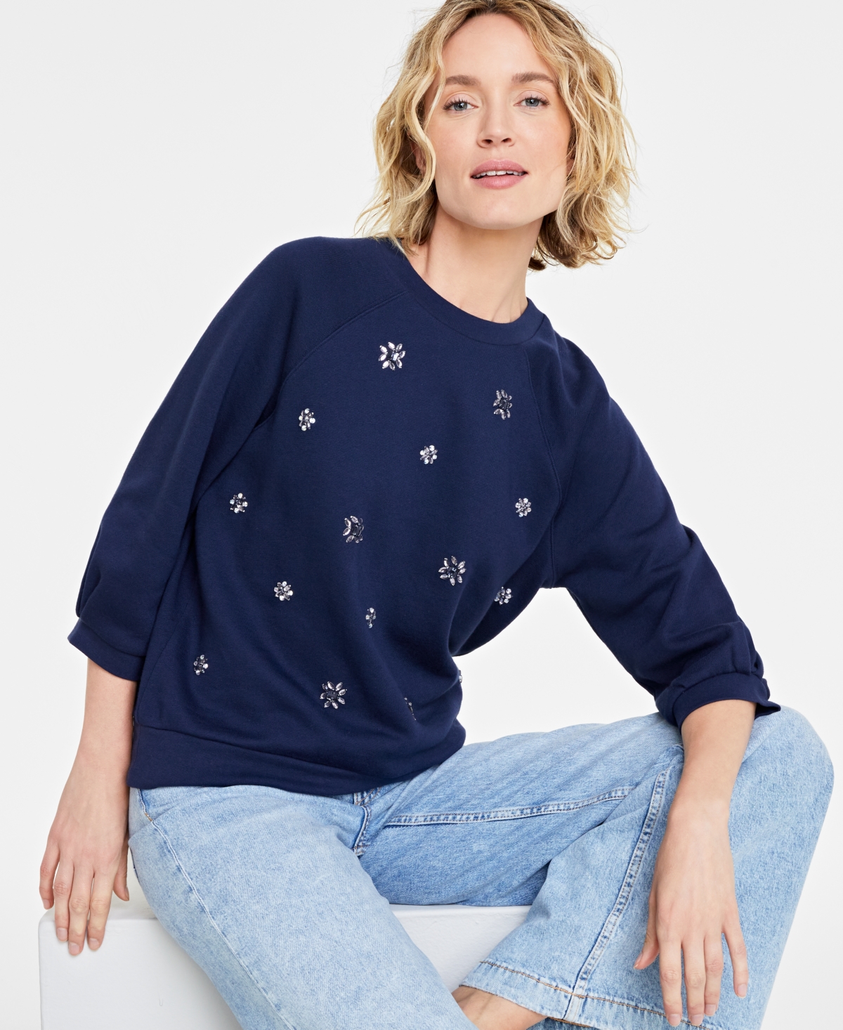 On 34th Women's Embellished Elbow-sleeve Sweatshirt, Created For Macy's In Intrepid Blue