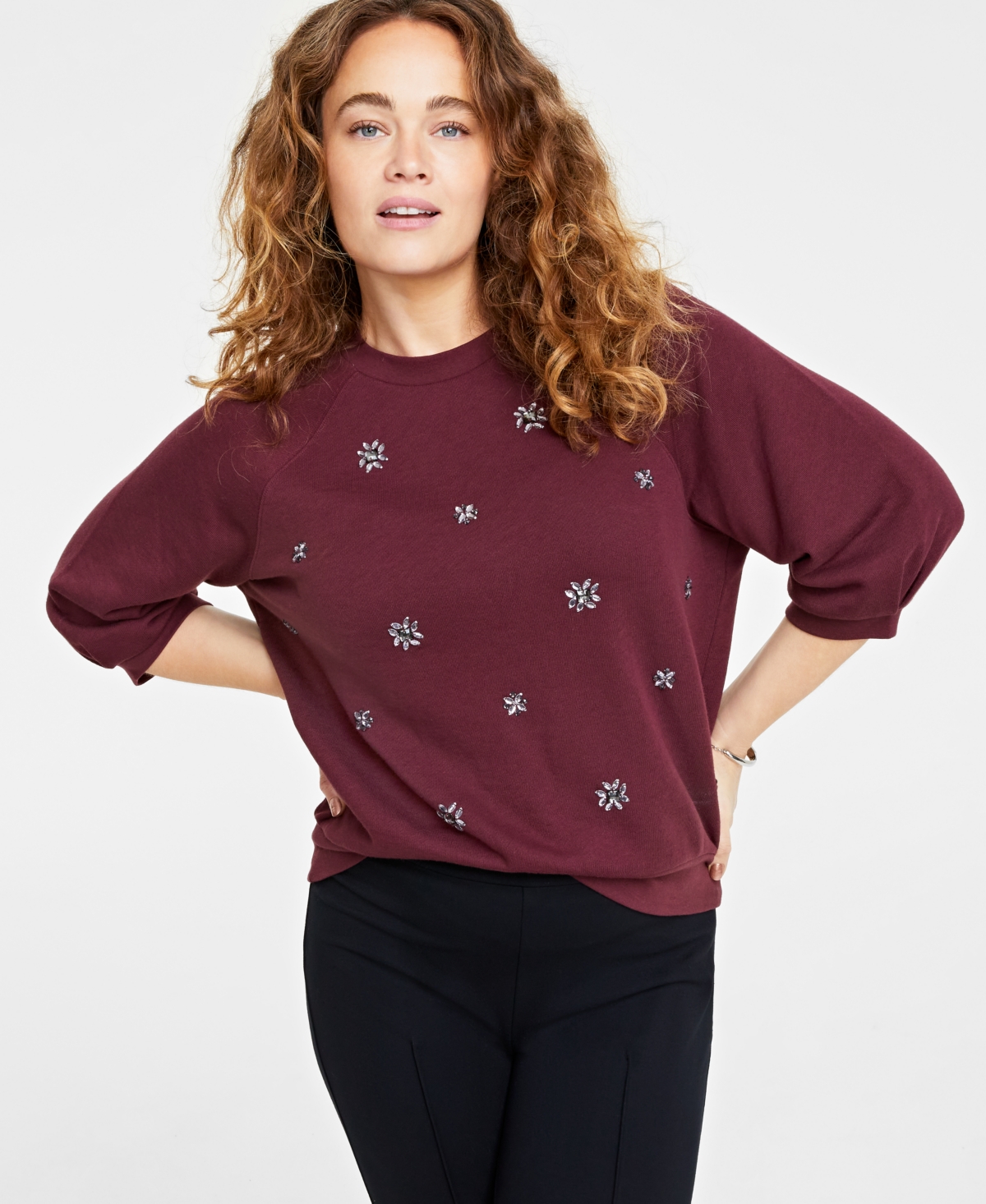 On 34th Women's Embellished Elbow-sleeve Sweatshirt, Created For Macy's In Port Royale