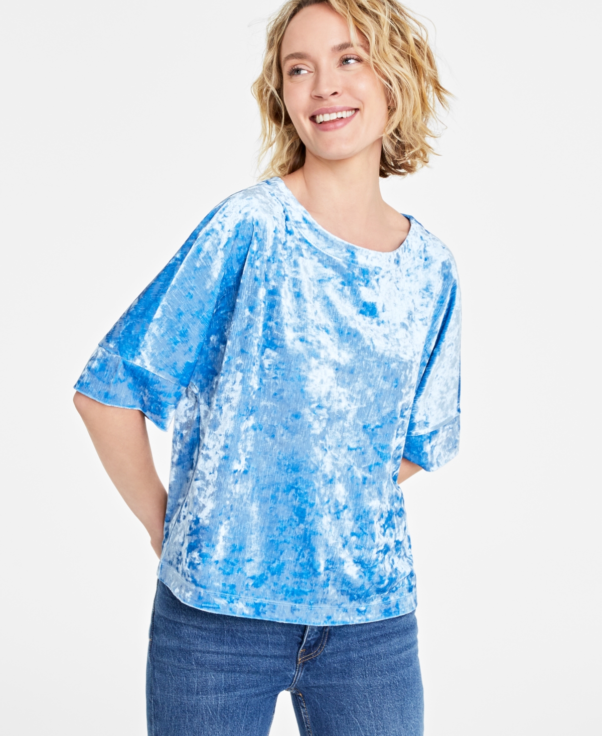 On 34th Women's Short-sleeve Relaxed Velvet T-shirt, Created For Macy's In Sea Of Belize