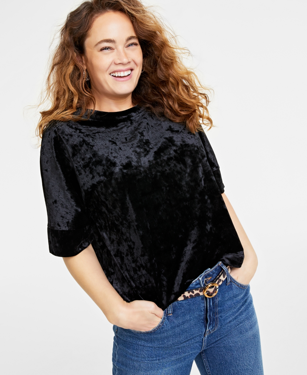On 34th Women's Short-sleeve Relaxed Velvet T-shirt, Created For Macy's In Deep Black