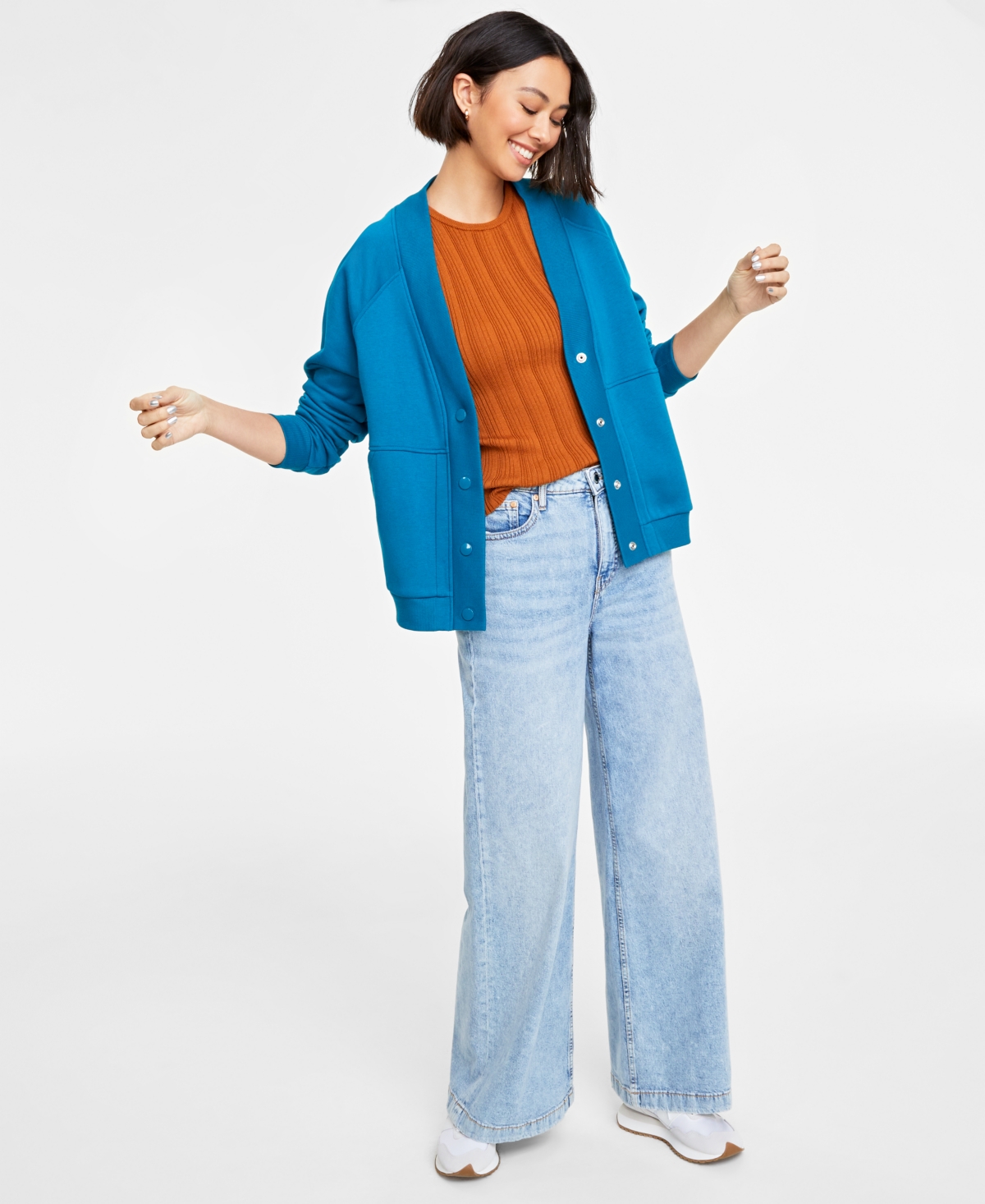 On 34th Women's Fleece Snap-front Cardigan, Created For Macy's In Deep Lagoon