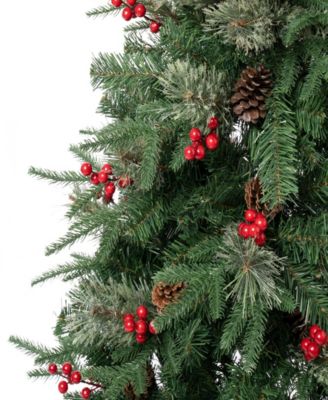 7.5' Feel-Real Virginia Pine Hinged Pine-Needle  Christmas Tree w Berries & Pinecones